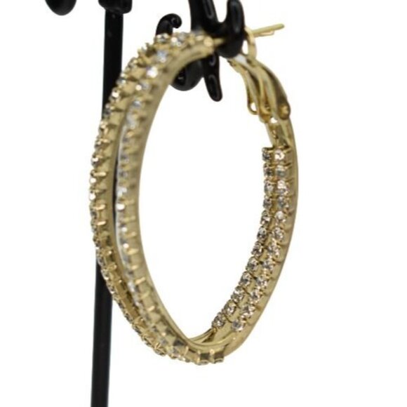 Lauren G Adams Oval Hoop Earrings Rhinestone Crystal Inside Out Gold Finish - Picture 3 of 5